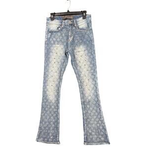 Rebel Denim Jeans Womens 29 Blue Stacked Flare Crystal Studded Rhinestone Pants